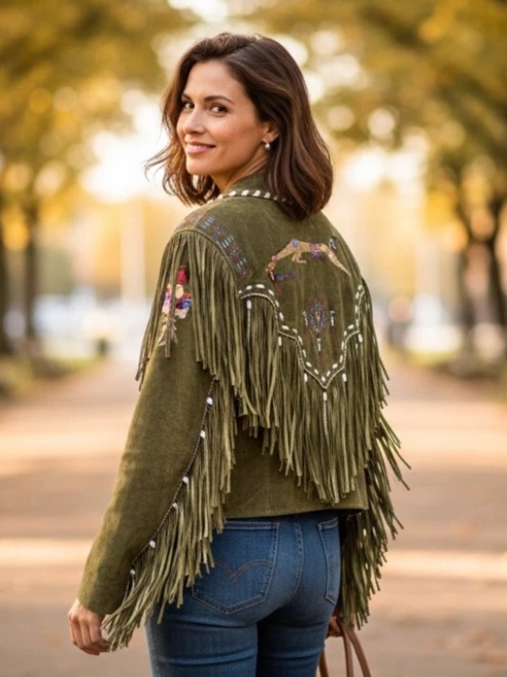 Patricia Wolf Patty Lewis hand painted leather fringe jacket Natice American boh - Picture 7 of 12